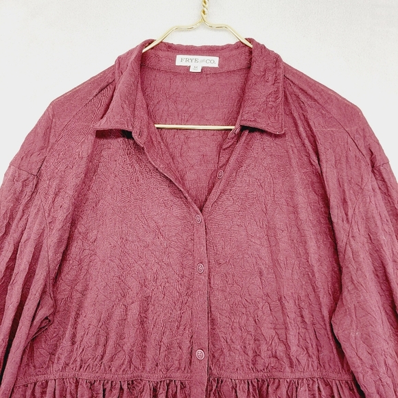 Frye & Co. Burgundy Crinkle Long Sleeve Button-Up Shirt Blouse P6418 - Picture 3 of 8